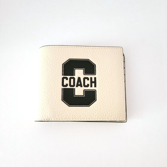 Coach CAK48 3 In 1 Varsity Pebbled Leather Billfold Bifold Wallet Chalk Black - Picture 4 of 8